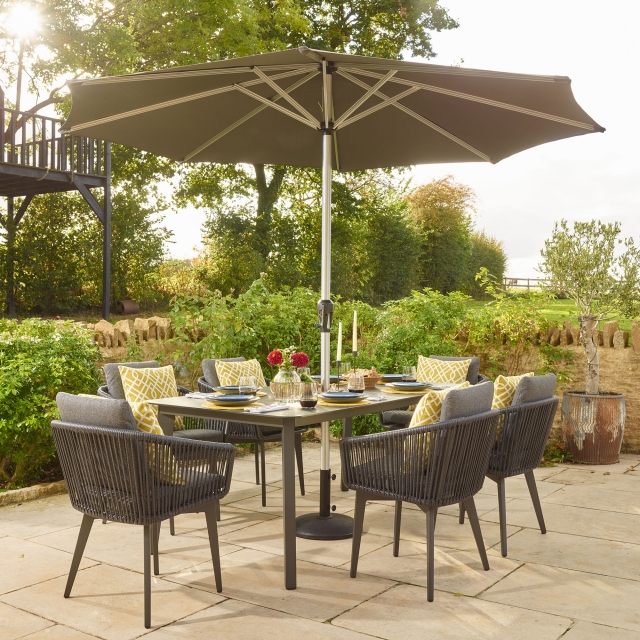 Rectangular Dining Table And 6 Chairs In Rope Effect Anthracite Including Parasol & Base - Cuba